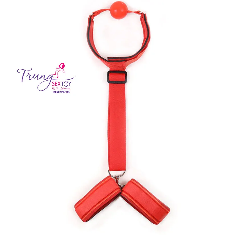 BDSM Set Handcuffs Mouth Gag Adjustable Leather — hình 4