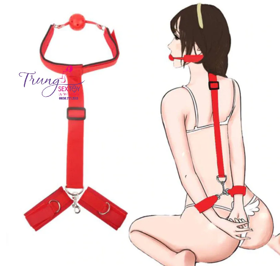 BDSM Set Handcuffs Mouth Gag Adjustable Leather — hình 6