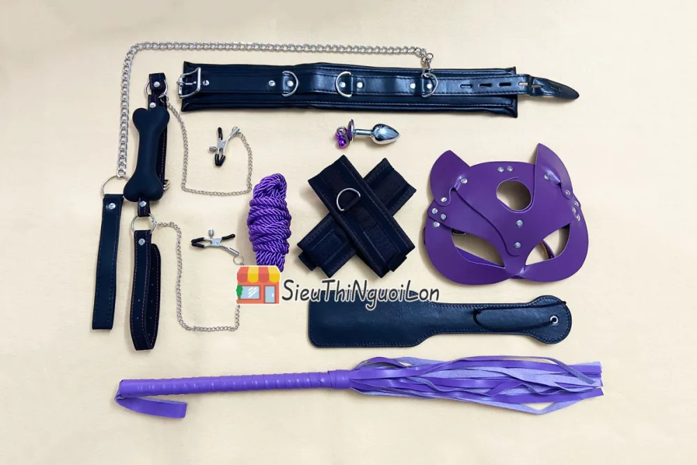 9 Piece BDSM Kit Leather Mask Restraints Stainless Steel — hình 3