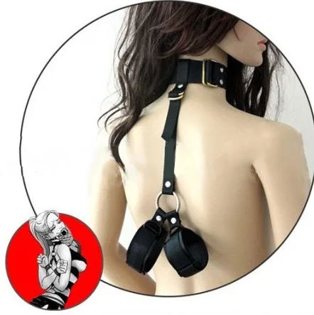 Black BDSM Handcuff Collar Set Durable Leather — hình 2
