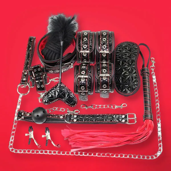 10-Piece Red-Black BDSM Leather Bondage Set Couples — Complete 10-Piece BDSM Kit for Ultimate Play