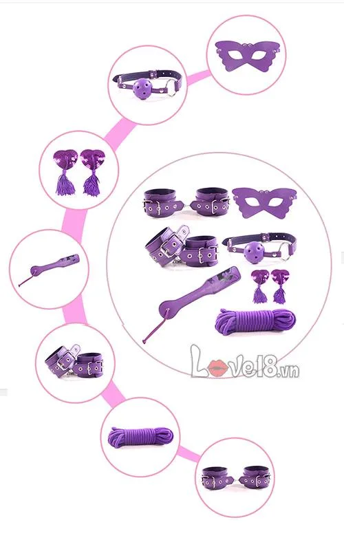 Purple 8-Piece BDSM Kit - Genuine Leather & Metal — Detailed Specifications