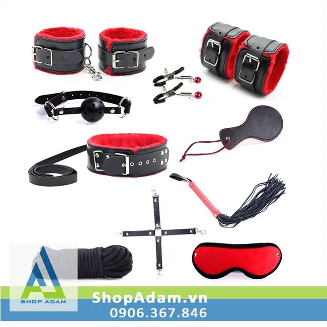 Red-Black Furry 10pcs BDSM Toy Restraint Set for Couples