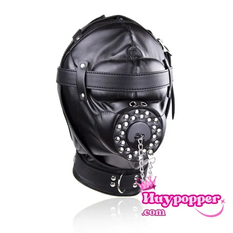 PU Leather BDSM Open Mouth Hood Detachable Mute Restraint — hình 3