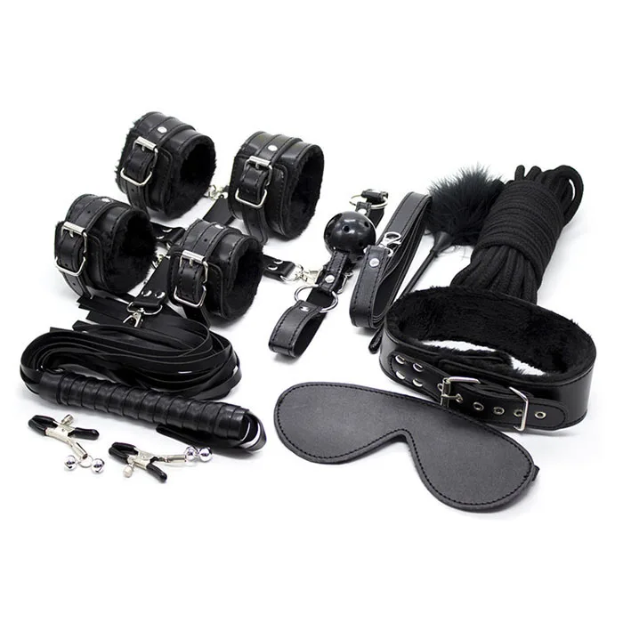 Luxury Black Leather Bondage Toy Set Elegant Couples Kit — Complete Set With Exciting Accessories