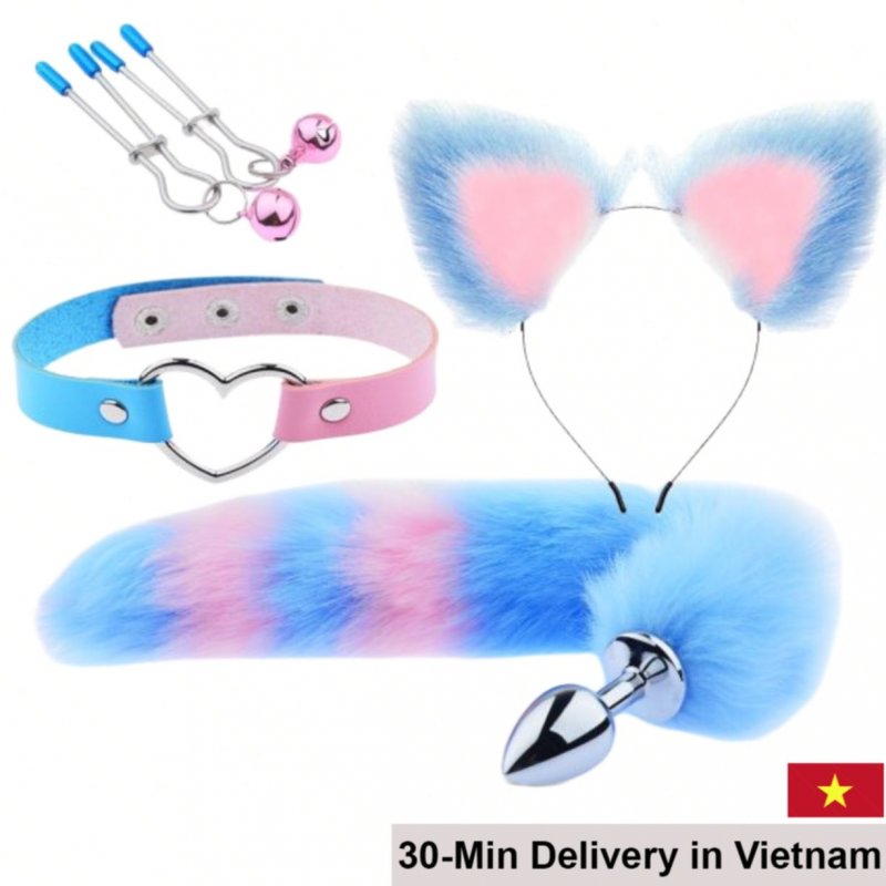 Fox Tail Cosplay Set 2.7x40cm Inox Collar Nipple Clips Gift 