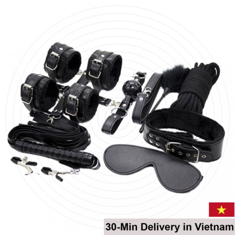 9pcs Black Furry BDSM Restraint Set Handcuffs Whip 