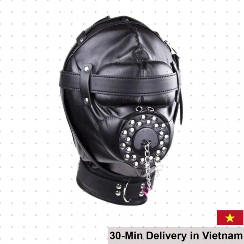 PU Leather BDSM Open Mouth Hood Detachable Mute Restraint 