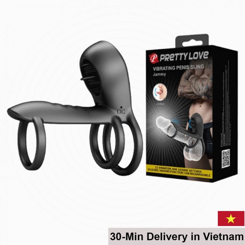 Prettylove Sling Vibrating Licking Penis Ring Black Silicone 