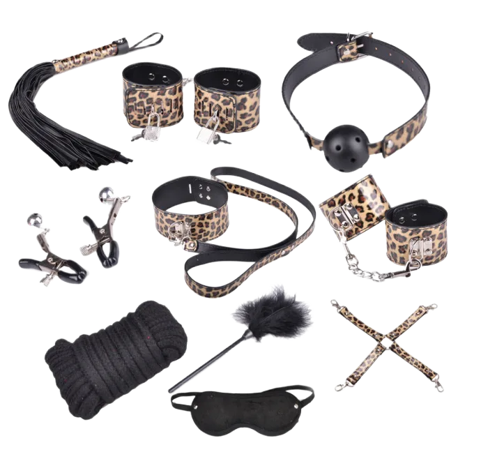 10-Piece Leopard Print BDSM Leather & Stainless Steel Bondage Set USA