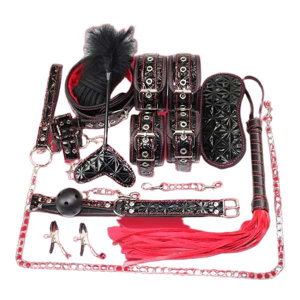 10-Piece Red-Black BDSM Leather Bondage Set Couples