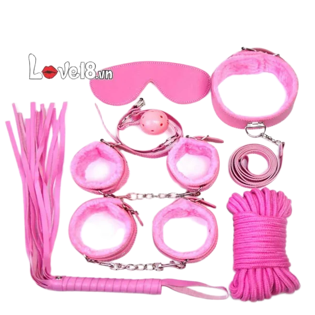 7-Piece Pink BDSM Toy Set Real Leather Metal
