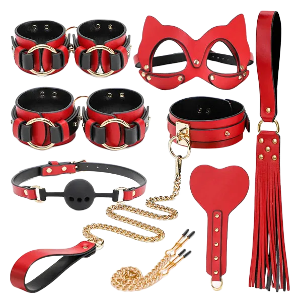 8-Piece Premium BDSM Set Leather Restraints Golden Stainless