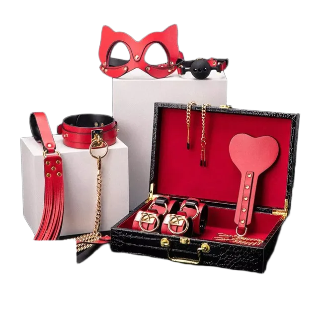 8-piece premium red BDSM leather bondage kit stainless steel