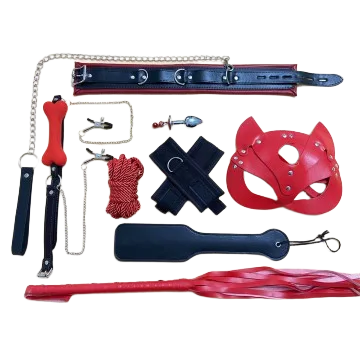 9 Piece BDSM Kit Leather Mask Restraints Stainless Steel