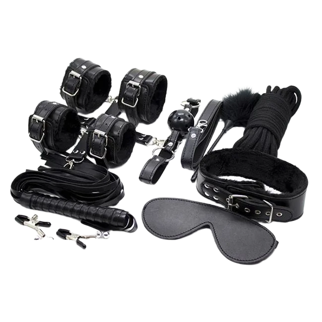 9pcs Black Furry BDSM Restraint Set Handcuffs Whip
