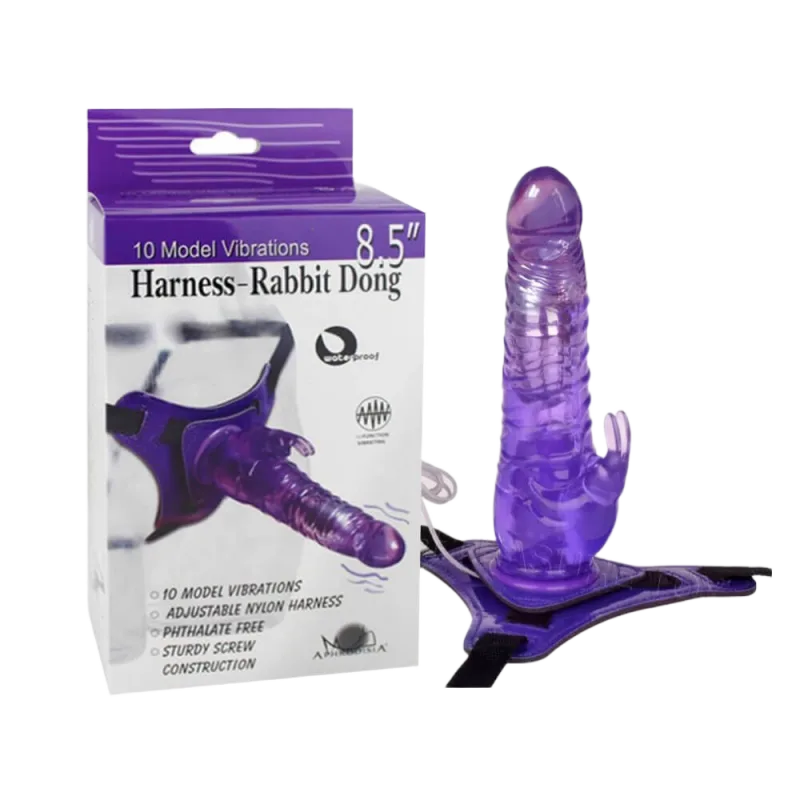 Aphrodisia Harness Rabbit 8.5” Strap-On Vibrating Lesbian Couples Toy