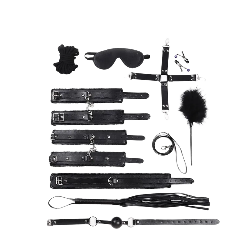 BDSM COOC 10-Piece Furry Soft Leather Bondage Kit Black Pink
