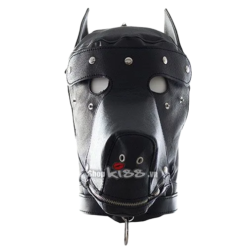 BDSM dog mask with zip mouth PU leather kinky fetish roleplay accessory