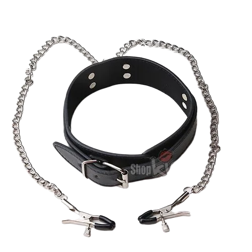 BDSM nipple clamp collar, leather and metal, intense sensation enhancer