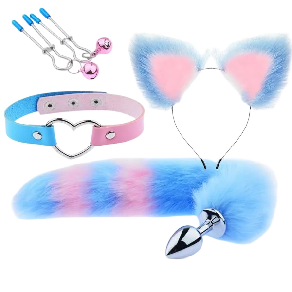Fox Tail Cosplay Set 2.7x40cm Inox Collar Nipple Clips Gift