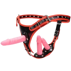 Lesbian Strap-On Triple Dildo Adjustable Leather Harness