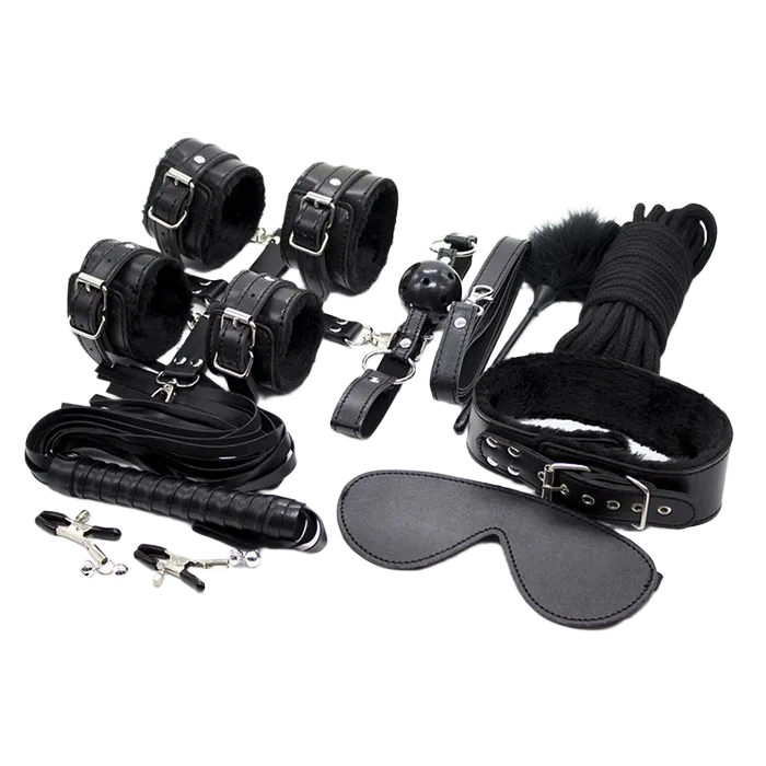Luxury Black Leather Bondage Toy Set Elegant Couples Kit