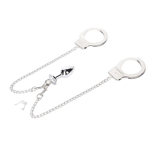 Metal BDSM Anal Plug with Handcuffs Silver Fetish Toy