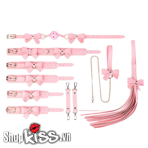 Pink 5pcs BDSM Kit Bow Knot Collar Leather Restraints
