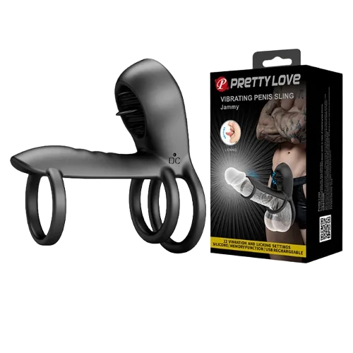 Prettylove Sling Vibrating Licking Penis Ring Black Silicone