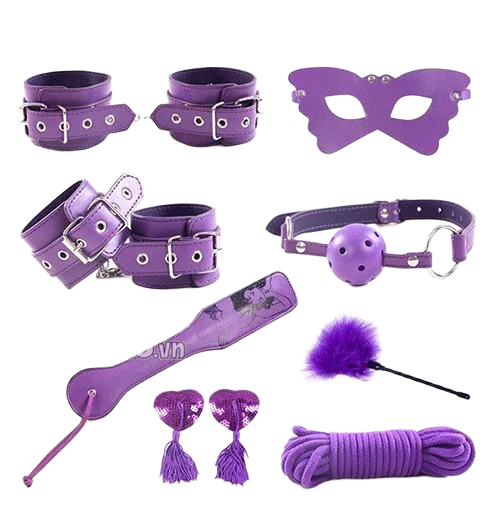 Purple 8-Piece BDSM Kit - Genuine Leather & Metal Accessories
