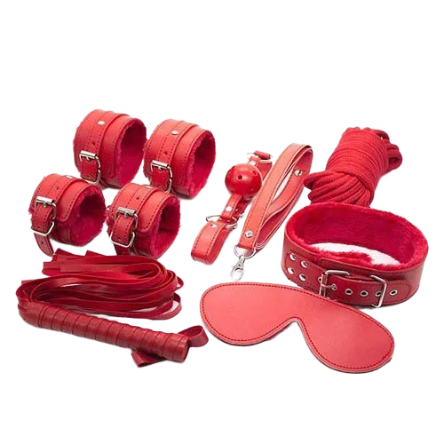 QT07 Red Leather BDSM 7-Piece Kit - Exciting Sensual Play Set