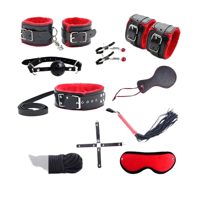 Red-Black Furry 10pcs BDSM Toy Restraint Set for Couples