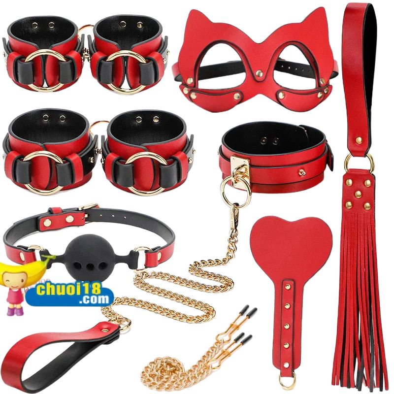 USA Luxury BDSM Bondage Set Leather Copper Chain Red