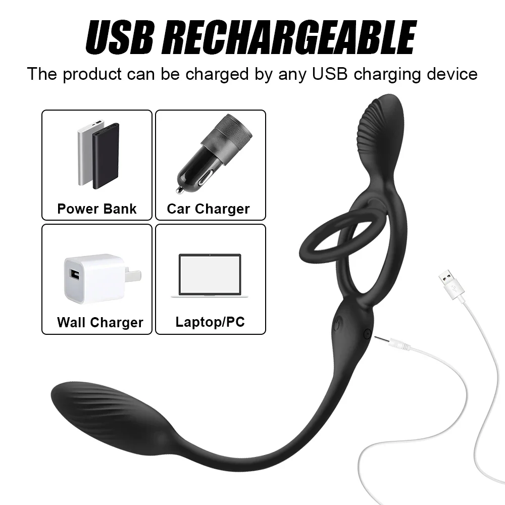 USB Rechargeable Silicone Penis Ring with Remote Anus Stimulator — photo 4