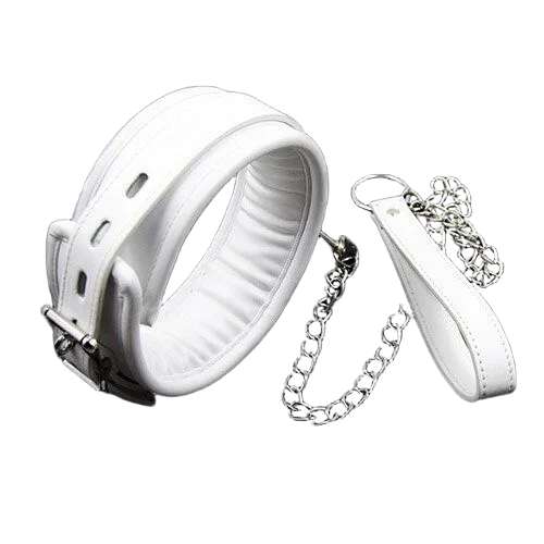 White Leather BDSM Collar Chain Padded Soft Restraint
